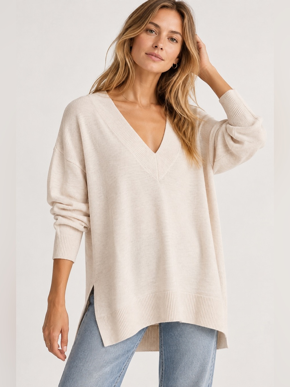 Lou & Grey 100% Cotton Oversized V-Neck Tunic Sweater Cream S